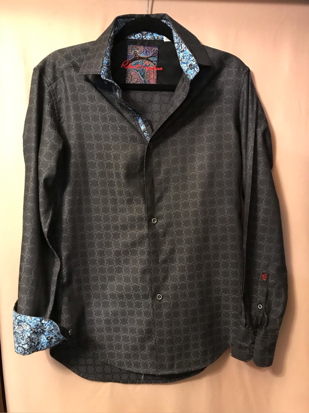Robert Graham Black Geometric Dress Shirt with Blue Paisley Trim
